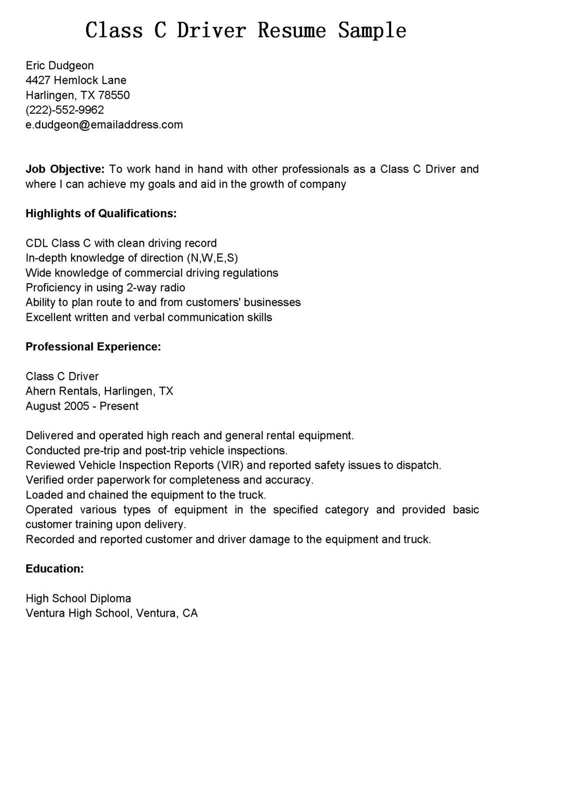 Cdl driver instructor sample resume and cover letter